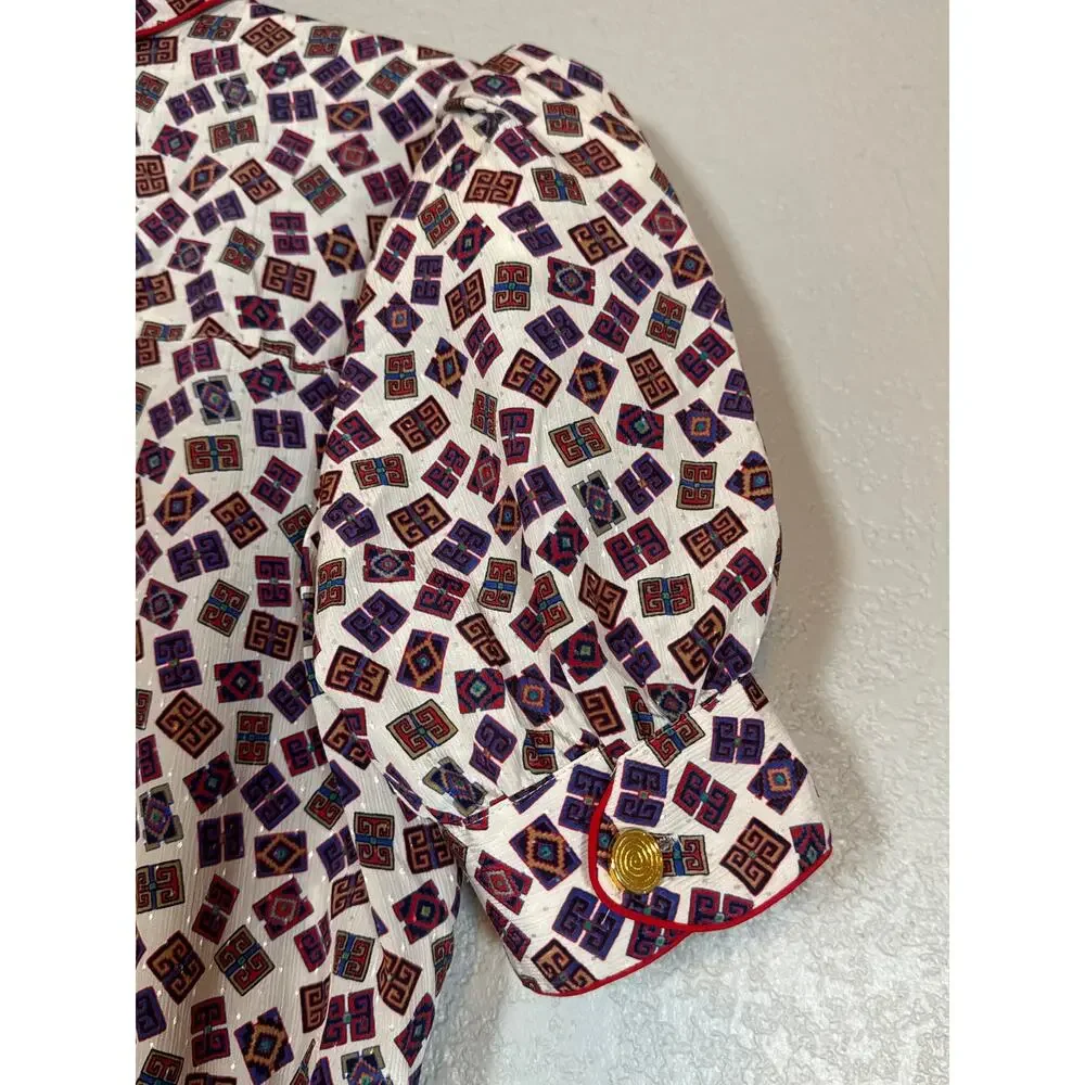 Vintage 80s Geometric Print Midi Dress Collared Structured Secretary Womens 10 - Picture 4 of 9